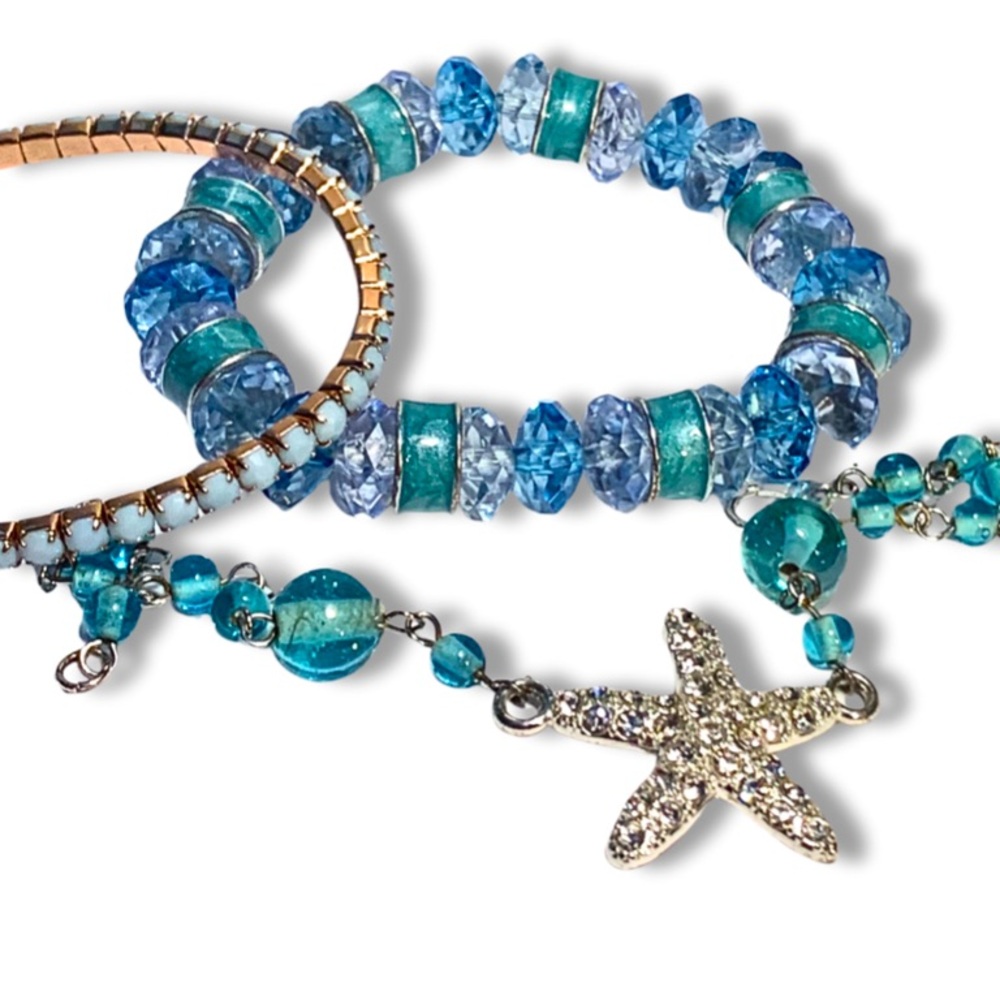 Handcrafted 3 Stacking Bracelets Set Blue Ocean Mermaid Themed Starfish Charm